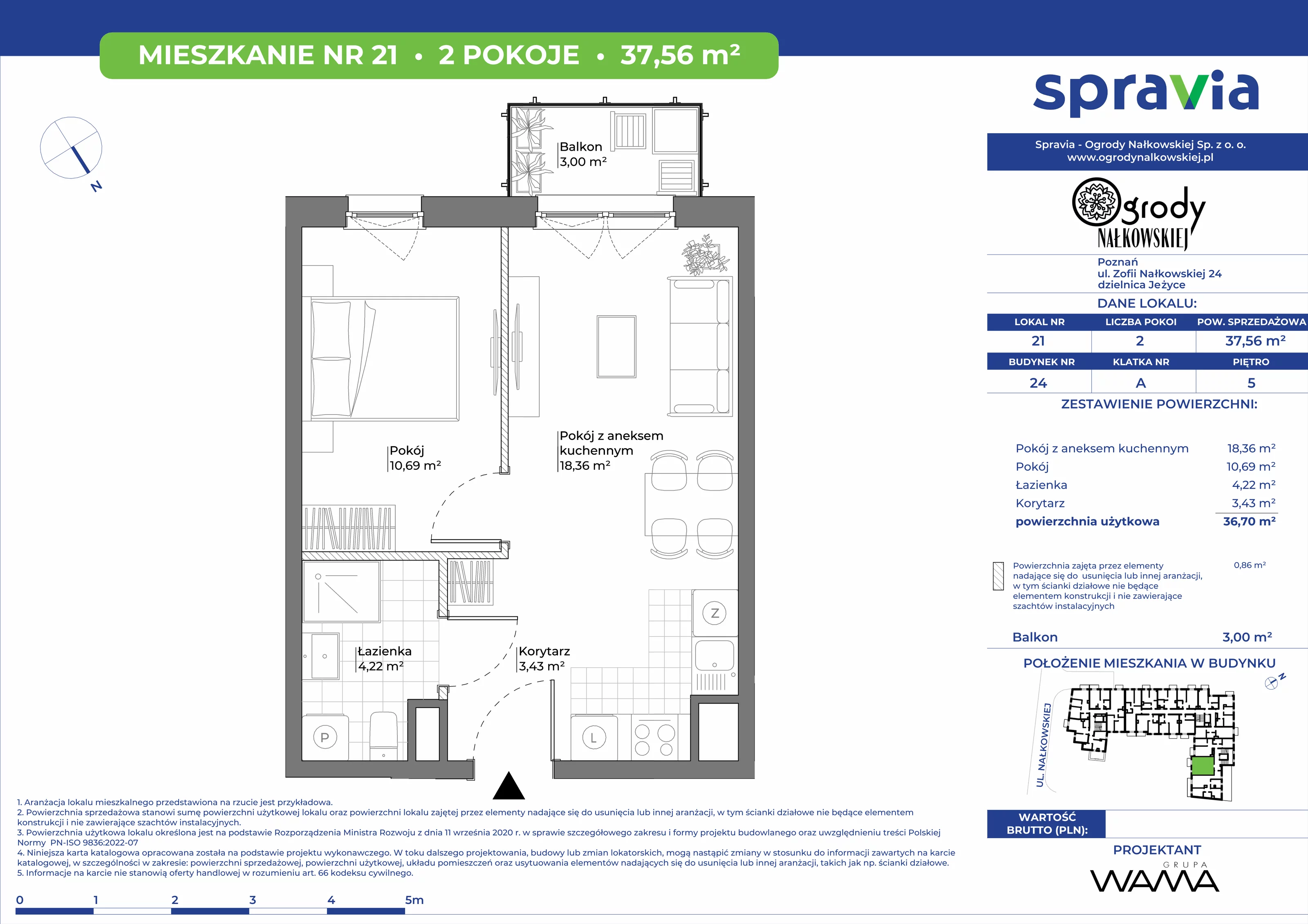 2 pokoje, mieszkanie 37,56 m², piętro 5, oferta nr 24-21, Ogrody Nałkowskiej, Poznań, Ogrody, ul. Nałkowskiej 24, 26